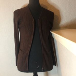 Rena Rowan LARGE chocolate brown ribbed long zipper sweater 2 front pockets